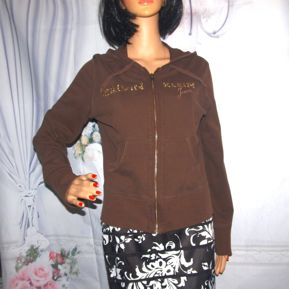 Calvin Klein Hoodie zip-up jacket Designer Size L Distressed well-loved